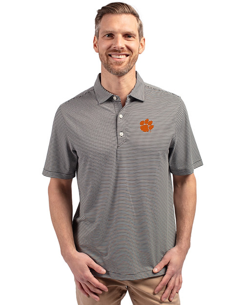 Clemson Tigers Cutter & Buck Forge Eco Double Stripe Stretch Recycled Mens Big &Tall Polo Black/White Front