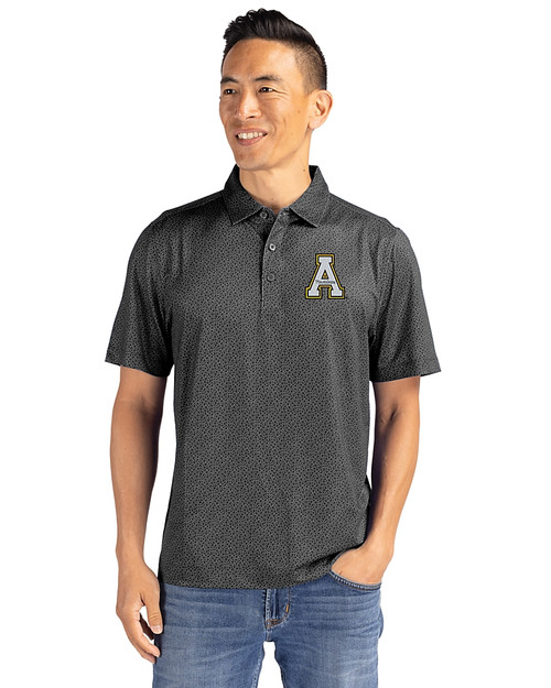 Appalachian State Mountaineers Cutter & Buck Pike Eco Pebble Print Stretch Recycled Mens Polo Black Front