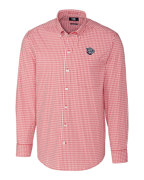 Lehigh Valley IronPigs Cutter & Buck Easy Care Stretch Gingham Mens Big and Tall Long Sleeve Dress Shirt Cardinal Red Mannequin