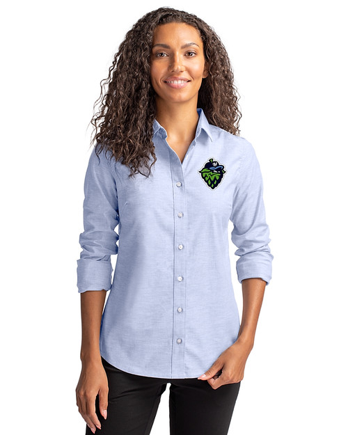 Hillsboro Hops Cutter & Buck Easy Care Stretch Oxford Womens Long Sleeve Button Down Shirt Light Blue Front