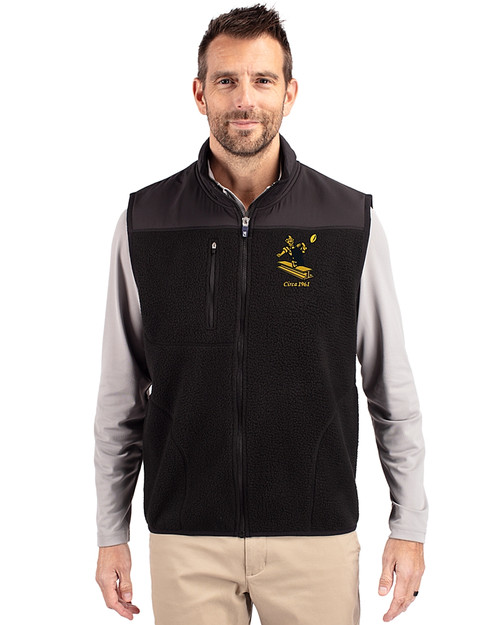 Pittsburgh Steelers Historic Cutter & Buck Cascade Eco Sherpa Mens Big and Tall Fleece Vest Black Front