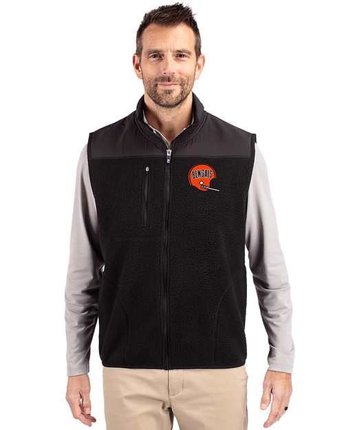 Cincinnati Bengals Historic Cutter & Buck Cascade Eco Sherpa Mens Big and Tall Fleece Vest Black Front