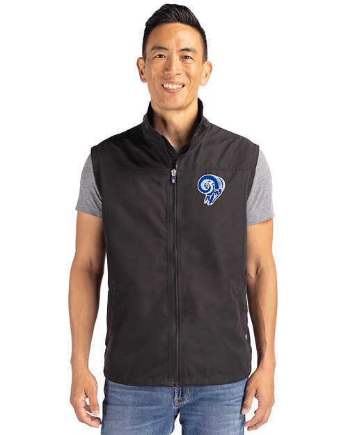 Los Angeles Rams Historic Cutter & Buck Charter Recycled Packable Mens Full Zip Vest Black Front