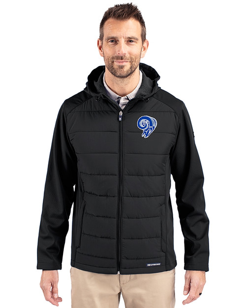 Los Angeles Rams Historic Cutter & Buck Evoke Hybrid Eco Softshell Recycled Full Zip Mens Big & Tall Hooded Jacket Black Front