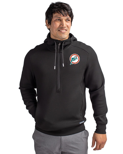 Miami Dolphins Historic Cutter & Buck Roam Epic Versatility Half Zip Recycled Mens Hooded Pullover Black Front