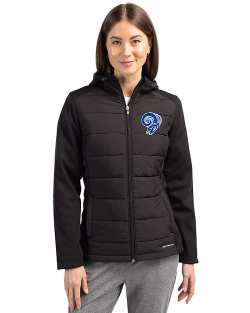 Los Angeles Rams Historic Cutter & Buck Evoke Hybrid Softshell Recycled Full Zip Womens Hooded Jacket Black Front