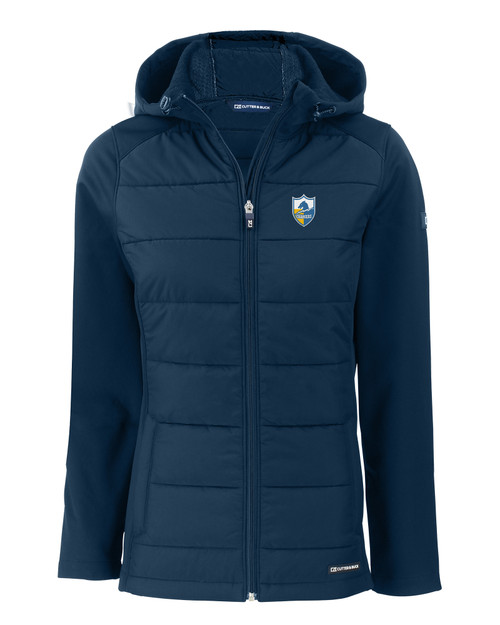 Los Angeles Chargers Historic Cutter & Buck Evoke Hybrid Eco Softshell Recycled Full Zip Womens Hooded Jacket NVBU_MANN_HG 1