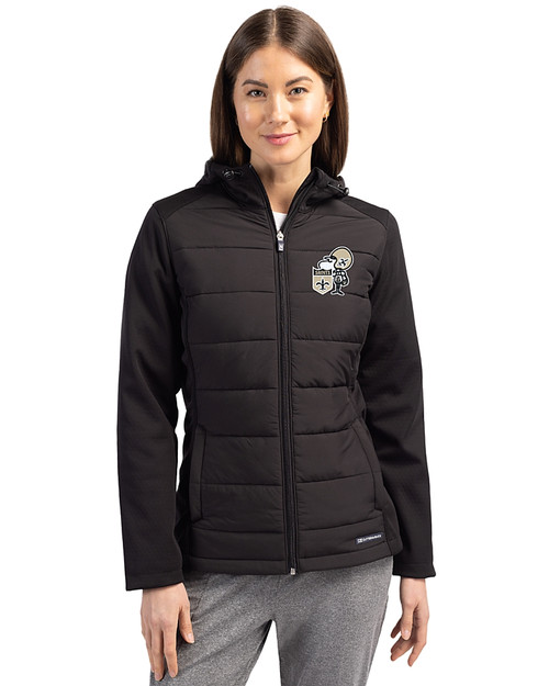 New Orleans Saints Historic Cutter & Buck Evoke Recycled Honeycomb Fleece Womens Hybrid Full Zip Jacket Black Front