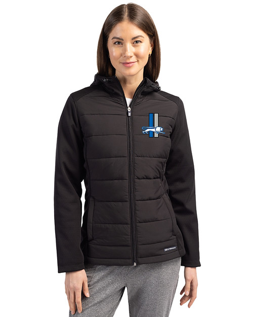 Detroit Lions Historic Cutter & Buck Evoke Hybrid Softshell Recycled Full Zip Womens Hooded Jacket Black Front