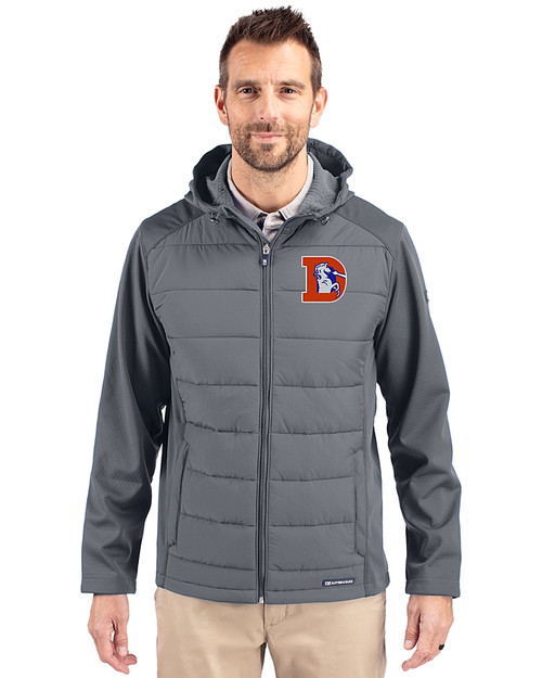 Denver Broncos Historic Cutter & Buck Evoke Hybrid Softshell Recycled Full Zip Mens Hooded Jacket Elemental Grey Front