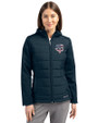Minnesota Twins Stars & Stripes Cutter & Buck Evoke Hybrid Softshell Recycled Full Zip Womens Hooded Jacket Navy Blue Front