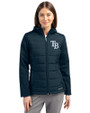 Tampa Bay Rays Cutter & Buck Evoke Hybrid Softshell Recycled Full Zip Womens Hooded Jacket Navy Blue Front