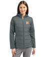 Houston Astros Cutter & Buck Evoke Hybrid Softshell Recycled Full Zip Womens Hooded Jacket Elemental Grey Front