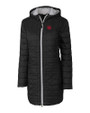 Nebraska Cornhuskers College Vault Cutter & Buck Rainier PrimaLoft®  Womens Eco Insulated Hooded Long Coat Black Mannequin