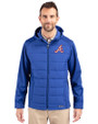 Atlanta Braves Cooperstown Cutter & Buck Evoke Hybrid Softshell Recycled Full Zip Mens Hooded Jacket Tour Blue Front