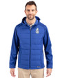 Chicago Cubs Cooperstown Cutter & Buck Evoke Hybrid Softshell Recycled Full Zip Mens Hooded Jacket Tour Blue Front