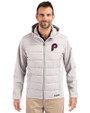 Philadelphia Phillies Cooperstown Cutter & Buck Evoke Hybrid Softshell Recycled Full Zip Mens Hooded Jacket CONCRETE Front