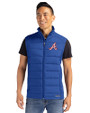 Atlanta Braves Cooperstown Cutter & Buck Evoke Hybrid Softshell Recycled Mens Full Zip Vest Tour Blue Front