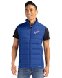 Los Angeles Dodgers Cooperstown Cutter & Buck Evoke Hybrid Softshell Recycled Mens Full Zip Vest Tour Blue Front