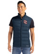 Washington Nationals Cooperstown Cutter & Buck Evoke Hybrid Softshell Recycled Mens Full Zip Vest Navy Blue Front