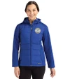 Milwaukee Brewers Cooperstown Cutter & Buck Evoke Hybrid Softshell Recycled Full Zip Womens Hooded Jacket Tour Blue Front
