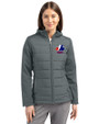 Montreal Expos Cooperstown Cutter & Buck Evoke Hybrid Softshell Recycled Full Zip Womens Hooded Jacket Elemental Grey Front