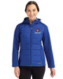 Toronto Blue Jays Cooperstown Cutter & Buck Evoke Hybrid Softshell Recycled Full Zip Womens Hooded Jacket Tour Blue Front
