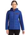 New York Mets Cooperstown Cutter & Buck Evoke Hybrid Softshell Recycled Full Zip Womens Hooded Jacket Tour Blue Front