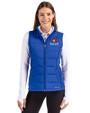 Toronto Blue Jays Cooperstown Cutter & Buck Evoke Hybrid Softshell Recycled Womens Full Zip Vest Tour Blue Front