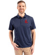 Boston Red Sox Cooperstown Cutter & Buck Pike Eco Tonal Geo Print Stretch Recycled Mens Polo Navy Blue Front