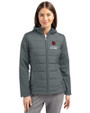 Louisville Cardinals Alumni Cutter & Buck Evoke Hybrid Softshell Recycled Full Zip Womens Hooded Jacket Elemental Grey Front