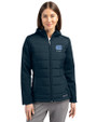 North Carolina Tar Heels Alumni Cutter & Buck Evoke Hybrid Softshell Recycled Full Zip Womens Hooded Jacket Navy Blue Front