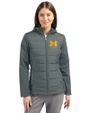 Michigan Wolverines Alumni Cutter & Buck Evoke Hybrid Softshell Recycled Full Zip Womens Hooded Jacket Elemental Grey Front