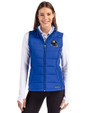 New York Giants NFL Helmet Cutter & Buck Evoke Hybrid Softshell Recycled Womens Full Zip Vest Tour Blue Front