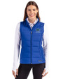 Florida Gators Alumni Cutter & Buck Evoke Hybrid Softshell Recycled Womens Full Zip Vest Tour Blue Front