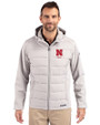 Nebraska Cornhuskers Alumni Cutter & Buck Evoke Hybrid Softshell Recycled Full Zip Mens Hooded Jacket CONCRETE Front