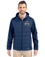 Utah State Aggies College Vault Cutter & Buck Evoke Hybrid Softshell Recycled Full Zip Mens Hooded Jacket Navy Blue Front