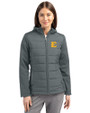 ETSU Buccaneers Cutter & Buck Evoke Hybrid Softshell Recycled Full Zip Womens Hooded Jacket Elemental Grey Front