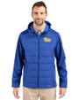 Pitt Panthers Cutter & Buck Evoke Hybrid Softshell Recycled Full Zip Mens Hooded Jacket Tour Blue Front