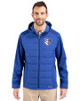 Saint Louis Billikens Cutter & Buck Evoke Hybrid Softshell Recycled Full Zip Mens Hooded Jacket Tour Blue Front