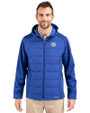 Southern University Jaguars Cutter & Buck Evoke Hybrid Softshell Recycled Full Zip Mens Hooded Jacket Tour Blue Front
