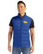 Pitt Panthers Cutter & Buck Evoke Hybrid Softshell Recycled Mens Full Zip Vest Tour Blue Front