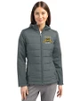 North Carolina A&T Aggies Cutter & Buck Evoke Hybrid Softshell Recycled Full Zip Womens Hooded Jacket Elemental Grey Front