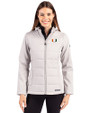 Miami Hurricanes Cutter & Buck Evoke Hybrid Softshell Recycled Full Zip Womens Hooded Jacket CONCRETE Front