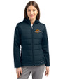 Pepperdine Waves Cutter & Buck Evoke Hybrid Softshell Recycled Full Zip Womens Hooded Jacket Navy Blue Front