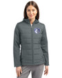 Saint Louis Billikens Cutter & Buck Evoke Hybrid Softshell Recycled Full Zip Womens Hooded Jacket Elemental Grey Front