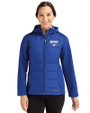 SMU Mustangs Cutter & Buck Evoke Hybrid Softshell Recycled Full Zip Womens Hooded Jacket Tour Blue Front