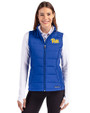 Pitt Panthers Cutter & Buck Evoke Hybrid Softshell Recycled Womens Full Zip Vest Tour Blue Front