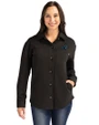 Carolina Panthers Cutter & Buck Roam Recycled Buttery-Soft Knit Womens Button Down Shirt Jacket Black Front