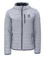 Louisville Cardinals College Vault Cutter & Buck Rainier Primaloft Eco Mens Full Zip Hooded Jacket Polished Medium Gray Mannequin